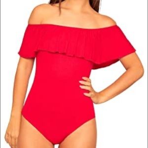 Red off the shoulder body suit